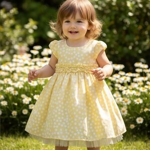Jona Michelle (2T) Sunny Yellow Polka Dot Dress Layered Organza Back Bow Ruffle